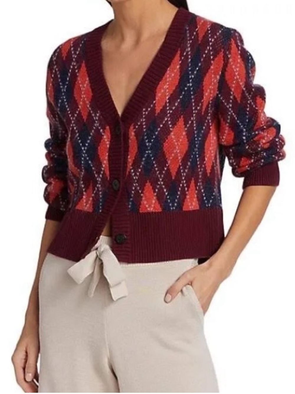 STAUD Knave Argyle V-Neck Cardigan Sweater NEW Size XL